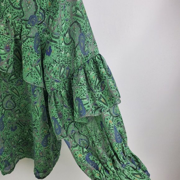 Lucky Brand Womens Peasant Tie Ruffle Sleeve Keyhole Blouse Green Paisley M - Picture 6 of 9